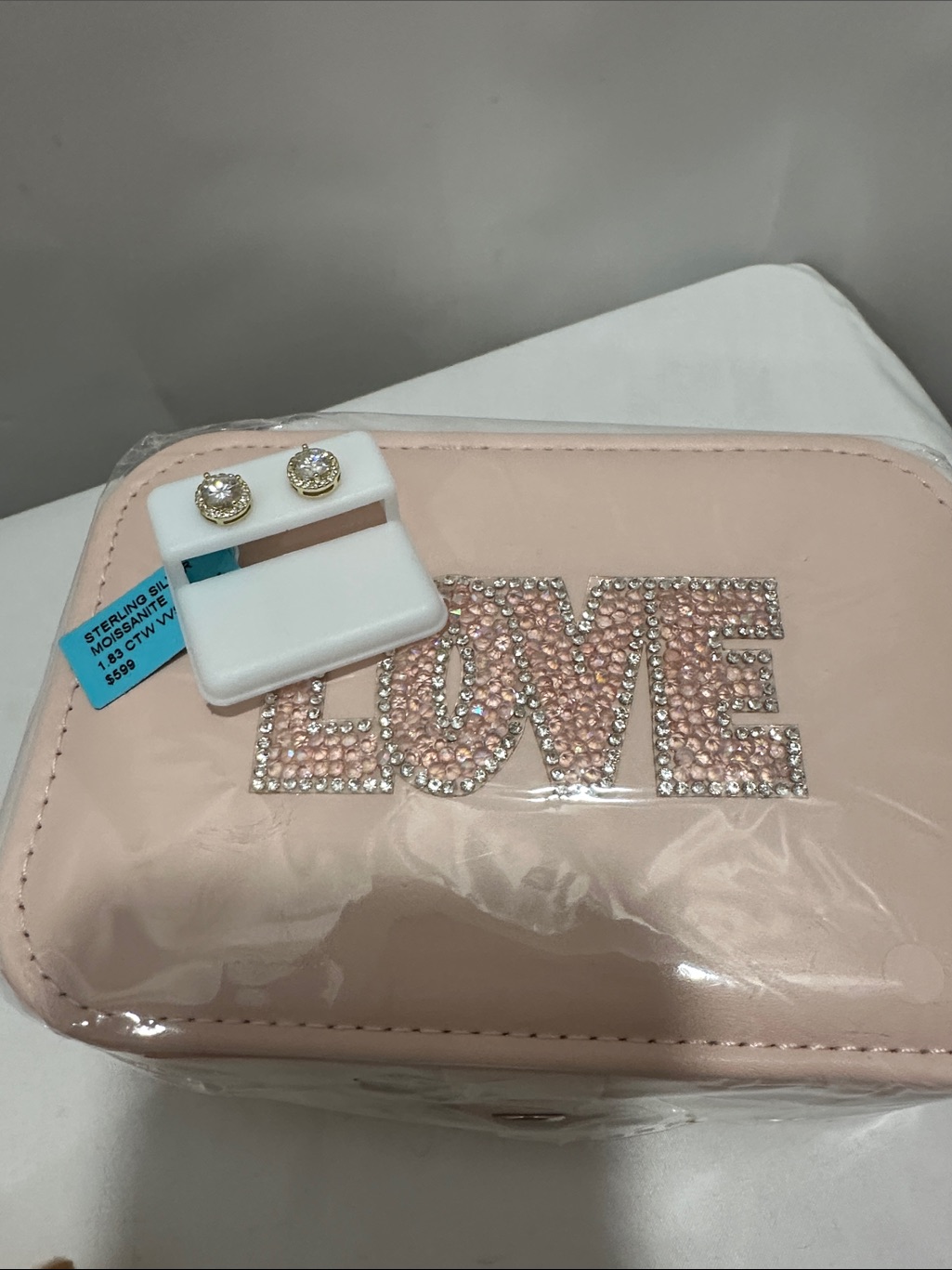 Pink 'Love' Crystal Jewelry Travel Case With Gold Stud Earrings